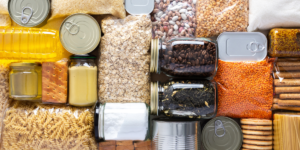 Canned and non-perishable goods organized in a mosaic type fashion