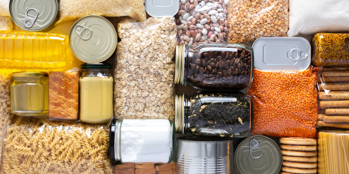 Canned and non-perishable goods organized in a mosaic type fashion