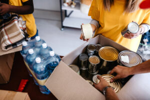 A group of people helping collect donations